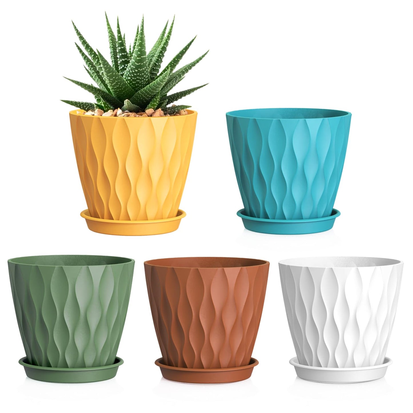 WSMKSZ 15 cm Blumentopf, 5er Set Dick Kunststoff Pflanztöpfe mit Untersetzer & Abflusslöchern, 3D-Wellentextur Übertopf für Einblatt, Efeutute & Innen Außen Pflanzen, Blaugrün