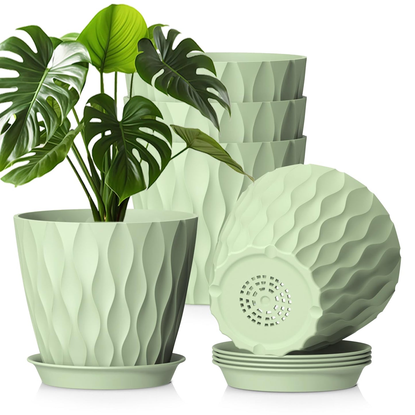 WSMKSZ 20 cm Flower Pots, Set of 5 Thick Plastic Plant Pots with Saucer and Drain Holes, 3D Wave Texture Planter for Monstera, Geranium & Indoor Outdoor Plants, Black