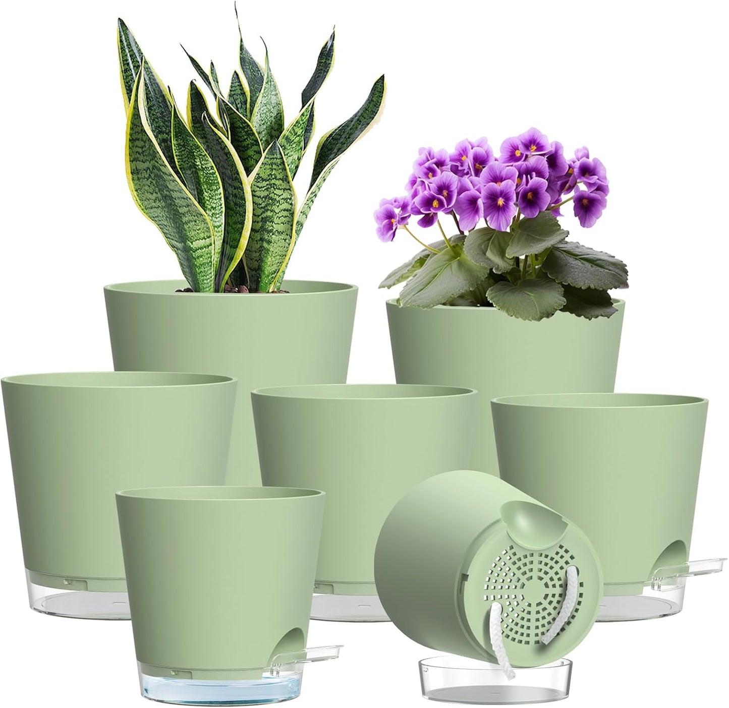 WSMKSZ 7er Set Selbstbewässerungstopf, 20/17,6/16,3/15/13,8/12,5/10,2 cm Kunststoff Blumentöpfe mit Abflusslöchern und Transparentem Wasserreservoir, Sichtbarer Wasserstand, mit Baumwolldocht, Grün