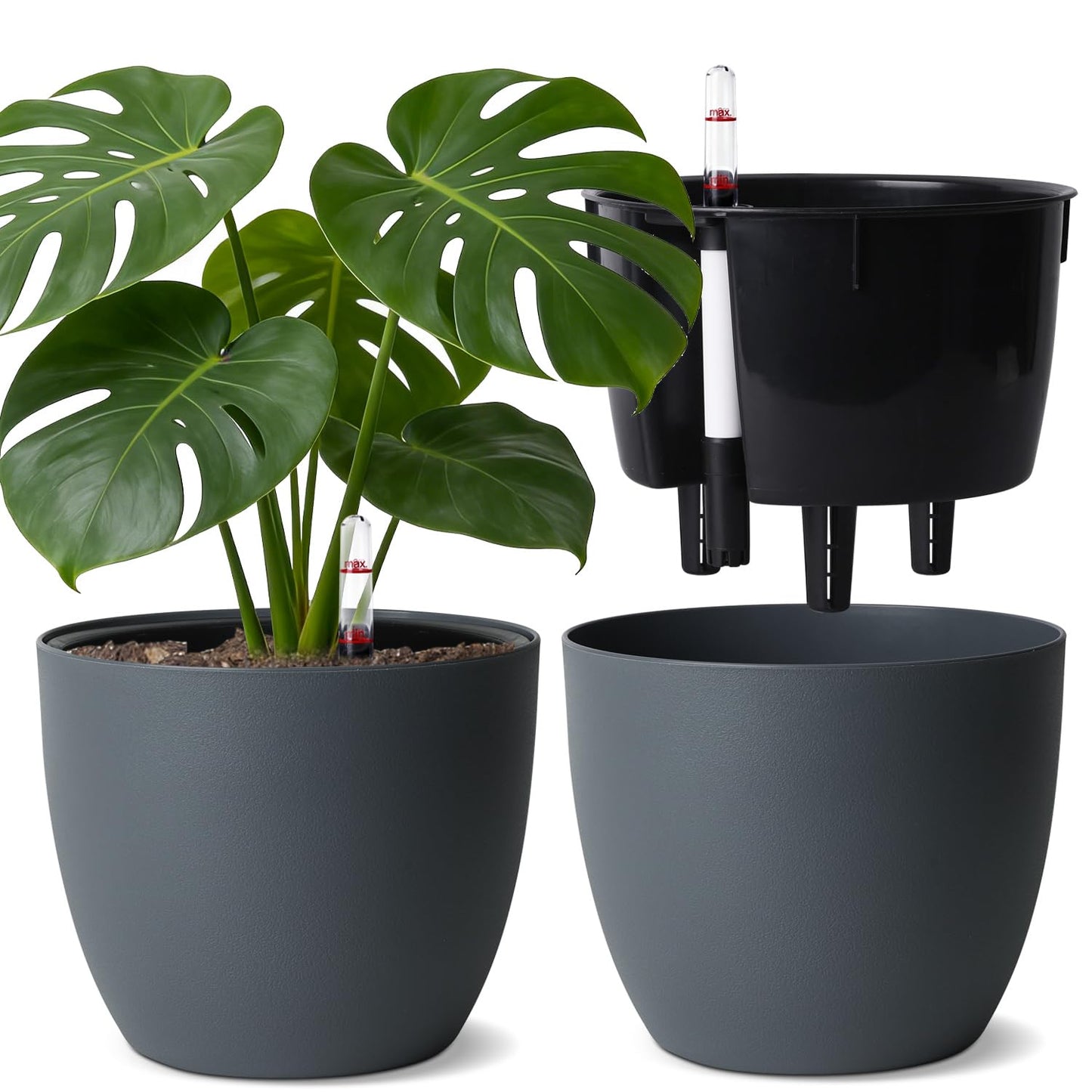 T4U 2Pcs 17,5cm Selbstbewässerungstopf mit Wasseranzeiger, Praktischer Blumentopf für vielbeschäftigte Anfänger und Gärtner, Plant Pot geeignet für Geranien/Minze für den Innen und Außenbereich (Grau)
