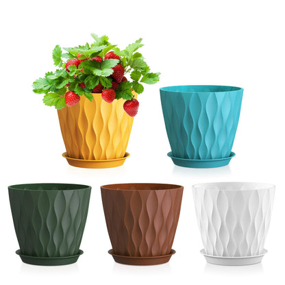 WSMKSZ 20 cm Flower Pots, Set of 5 Thick Plastic Plant Pots with Saucer and Drain Holes, 3D Wave Texture Planter for Monstera, Geranium & Indoor Outdoor Plants, Black