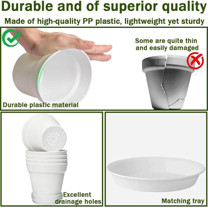 15,2 cm Blumentopf mit Untersetzer, 6er Pack Kunststoff Pflanztöpfe Rund mit Abflusslöchern, Matt-Design für Innen und Außen, Ideal für Balkon und Garten (Weiß)