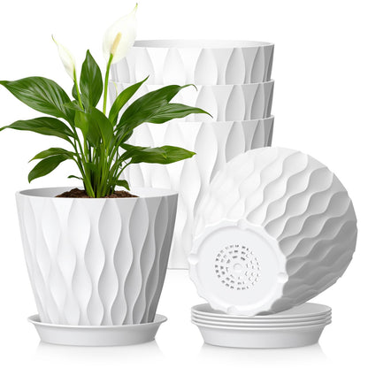 WSMKSZ 20 cm Flower Pots, Set of 5 Thick Plastic Plant Pots with Saucer and Drain Holes, 3D Wave Texture Planter for Monstera, Geranium & Indoor Outdoor Plants, Black