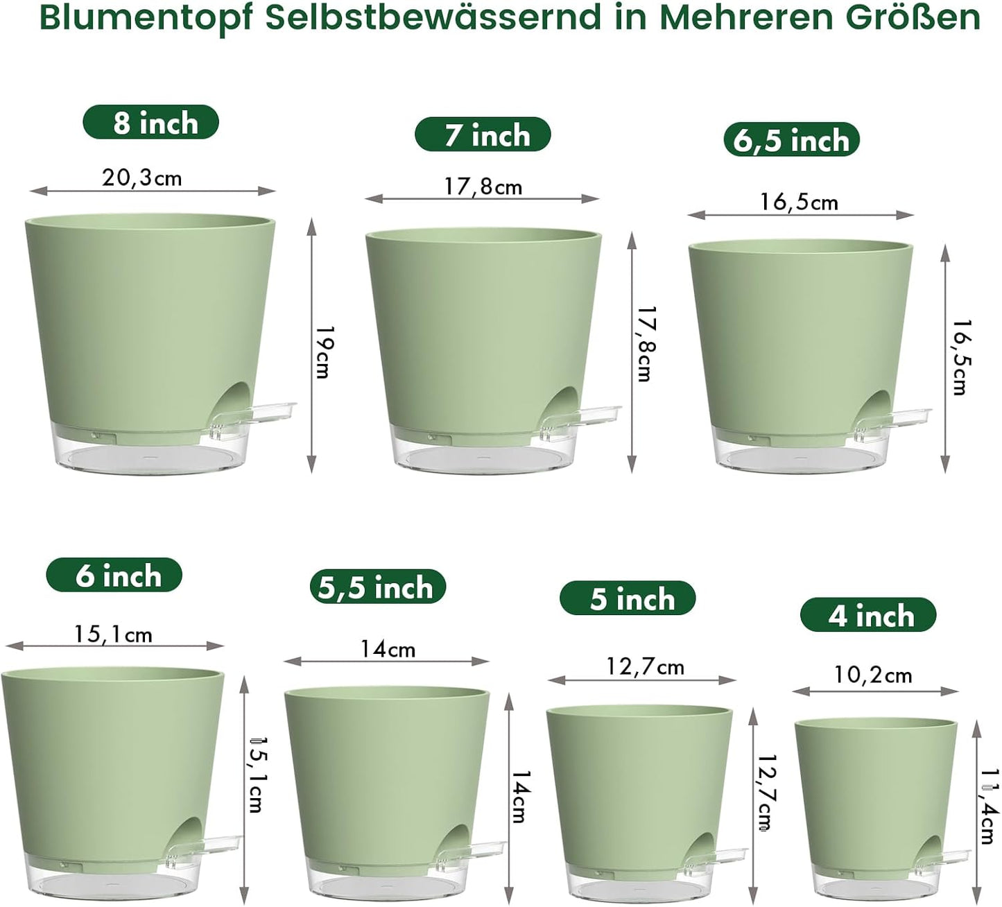 WSMKSZ 7er Set Selbstbewässerungstopf, 20/17,6/16,3/15/13,8/12,5/10,2 cm Kunststoff Blumentöpfe mit Abflusslöchern und Transparentem Wasserreservoir, Sichtbarer Wasserstand, mit Baumwolldocht, Grün