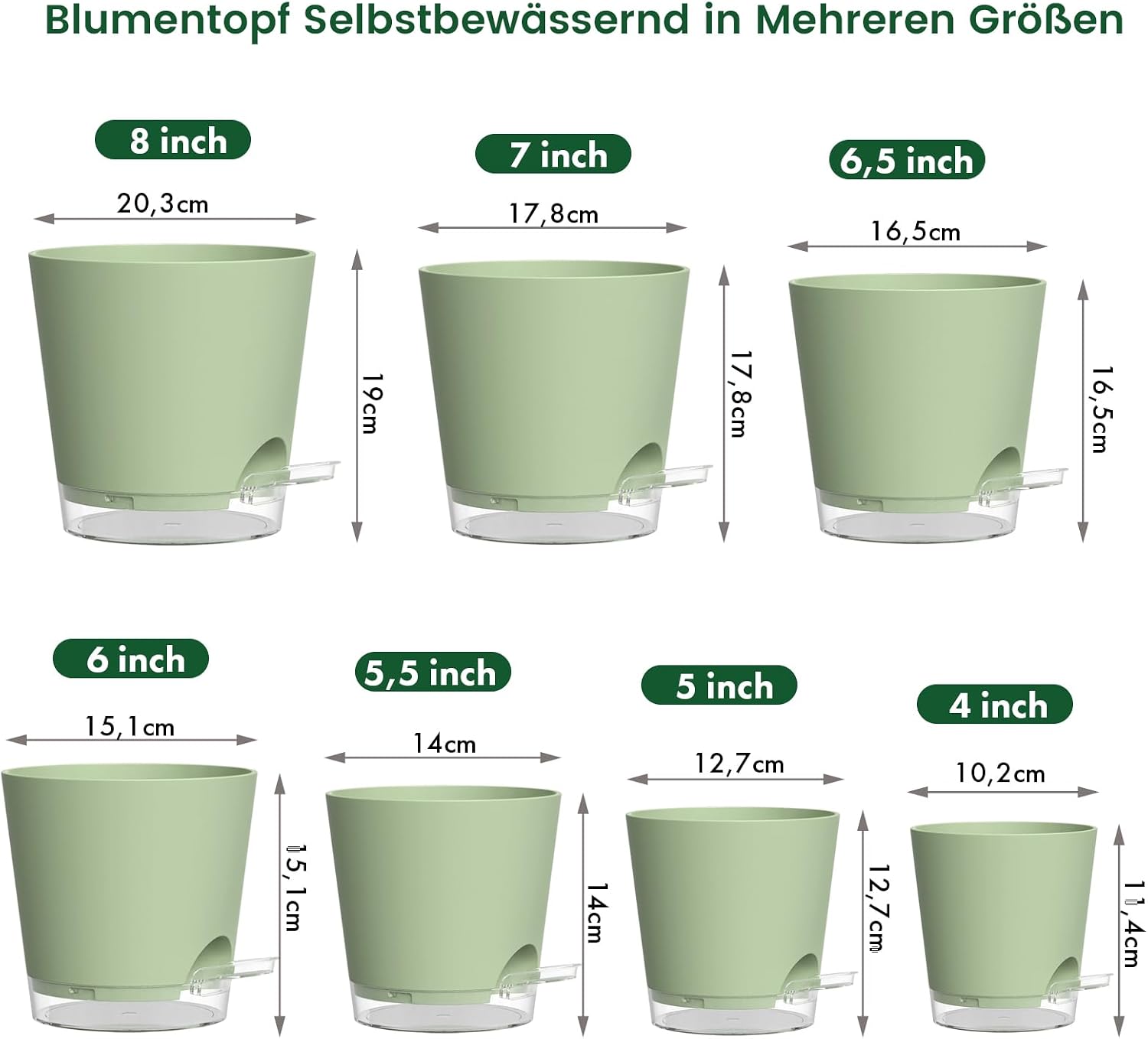 WSMKSZ 7er Set Selbstbewässerungstopf, 20/17,6/16,3/15/13,8/12,5/10,2 cm Kunststoff Blumentöpfe mit Abflusslöchern und Transparentem Wasserreservoir, Sichtbarer Wasserstand, mit Baumwolldocht, Grün
