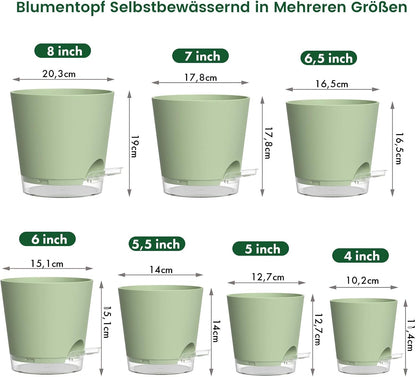 WSMKSZ 7er Set Selbstbewässerungstopf, 20/17,6/16,3/15/13,8/12,5/10,2 cm Kunststoff Blumentöpfe mit Abflusslöchern und Transparentem Wasserreservoir, Sichtbarer Wasserstand, mit Baumwolldocht, Grün