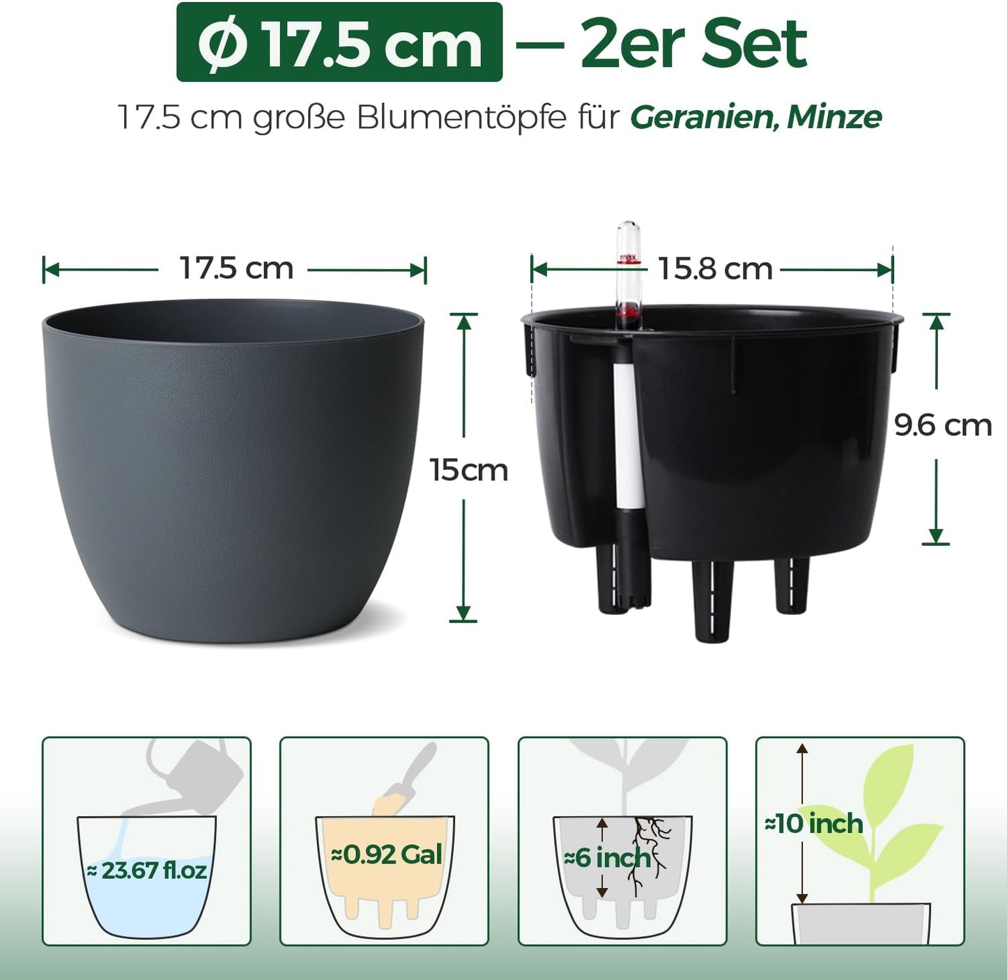 T4U 2Pcs 17,5cm Selbstbewässerungstopf mit Wasseranzeiger, Praktischer Blumentopf für vielbeschäftigte Anfänger und Gärtner, Plant Pot geeignet für Geranien/Minze für den Innen und Außenbereich (Grau)