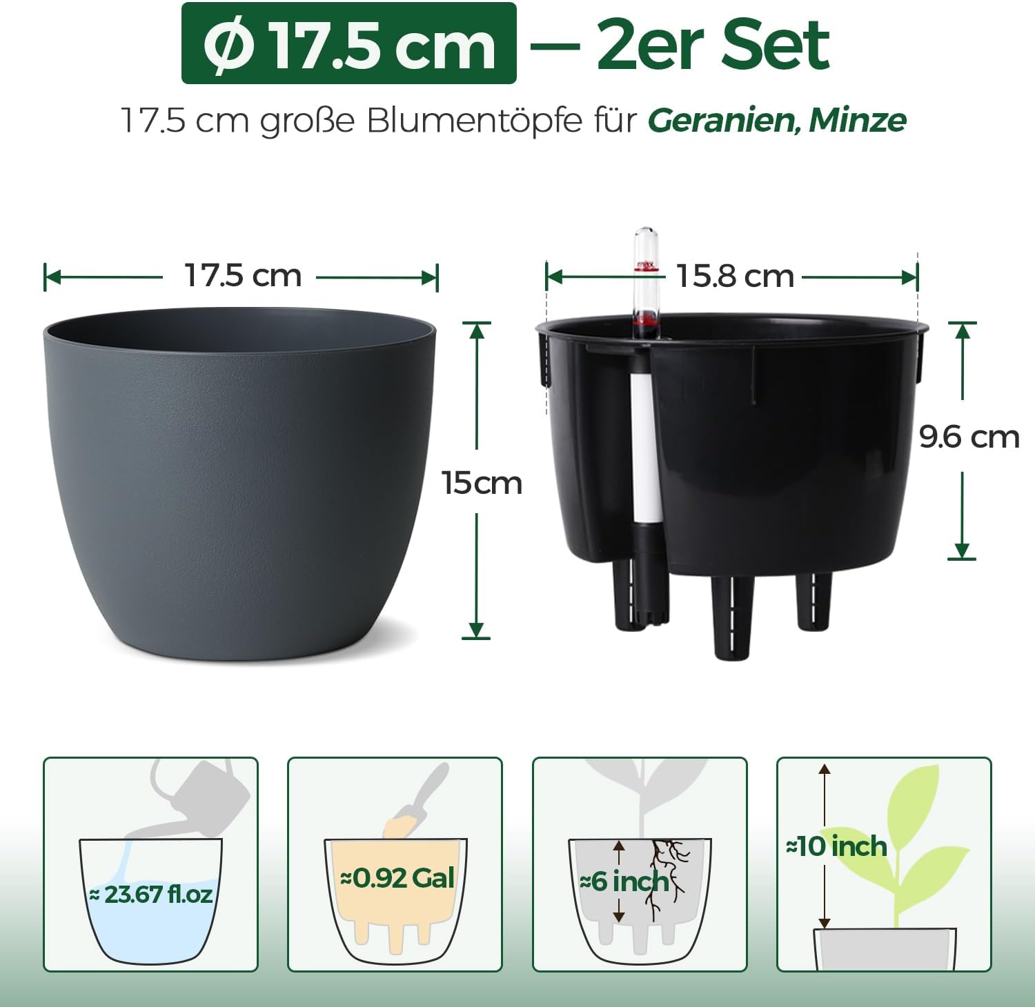 T4U 2Pcs 17,5cm Selbstbewässerungstopf mit Wasseranzeiger, Praktischer Blumentopf für vielbeschäftigte Anfänger und Gärtner, Plant Pot geeignet für Geranien/Minze für den Innen und Außenbereich (Grau)