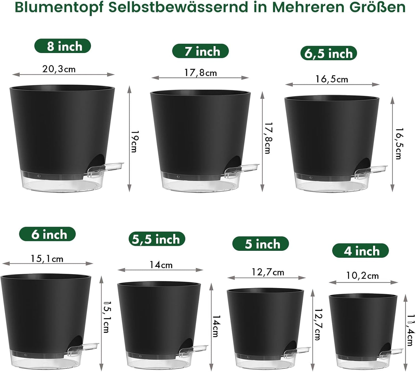WSMKSZ 7er Set Selbstbewässerungstopf, 20/17,6/16,3/15/13,8/12,5/10,2 cm Kunststoff Blumentöpfe mit Abflusslöchern und Transparentem Wasserreservoir, Sichtbarer Wasserstand, Schwarz
