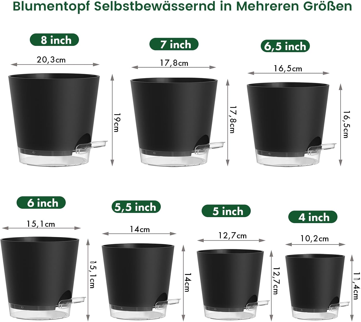 WSMKSZ 7er Set Selbstbewässerungstopf, 20/17,6/16,3/15/13,8/12,5/10,2 cm Kunststoff Blumentöpfe mit Abflusslöchern und Transparentem Wasserreservoir, Sichtbarer Wasserstand, Schwarz