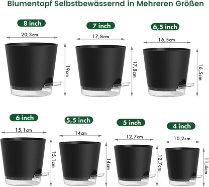 WSMKSZ 7er Set Selbstbewässerungstopf, 20/17,6/16,3/15/13,8/12,5/10,2 cm Kunststoff Blumentöpfe mit Abflusslöchern und Transparentem Wasserreservoir, Sichtbarer Wasserstand, Schwarz