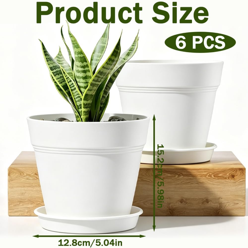 15,2 cm Blumentopf mit Untersetzer, 6er Pack Kunststoff Pflanztöpfe Rund mit Abflusslöchern, Matt-Design für Innen und Außen, Ideal für Balkon und Garten (Weiß)