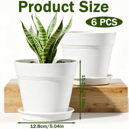 15,2 cm Blumentopf mit Untersetzer, 6er Pack Kunststoff Pflanztöpfe Rund mit Abflusslöchern, Matt-Design für Innen und Außen, Ideal für Balkon und Garten (Weiß)