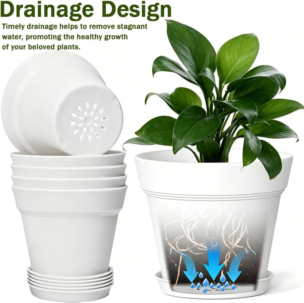 15,2 cm Blumentopf mit Untersetzer, 6er Pack Kunststoff Pflanztöpfe Rund mit Abflusslöchern, Matt-Design für Innen und Außen, Ideal für Balkon und Garten (Weiß)