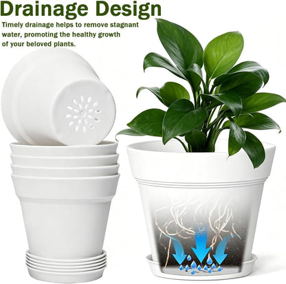 15,2 cm Blumentopf mit Untersetzer, 6er Pack Kunststoff Pflanztöpfe Rund mit Abflusslöchern, Matt-Design für Innen und Außen, Ideal für Balkon und Garten (Weiß)