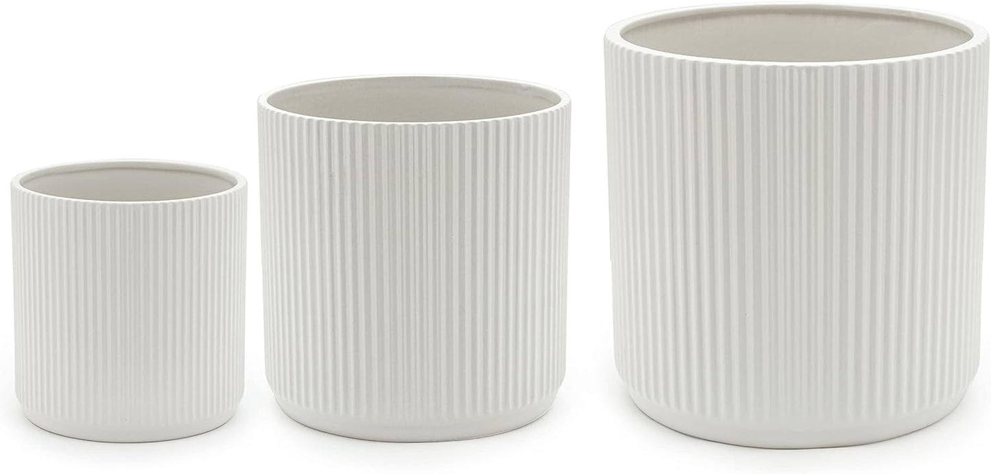 Amazon Basics Set of 3 White Round Fluted Ceramic Planters 6", 8" and 10"
