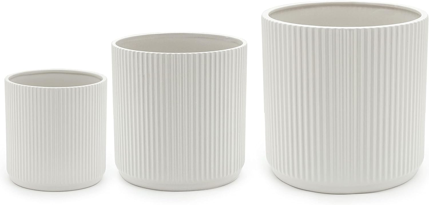 Amazon Basics Set of 3 White Round Fluted Ceramic Planters 6", 8" and 10"