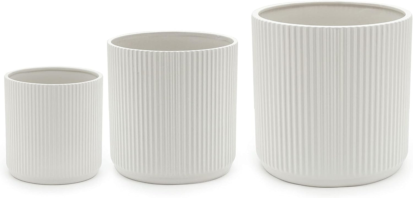 Amazon Basics Set of 3 White Round Fluted Ceramic Planters 6", 8" and 10"