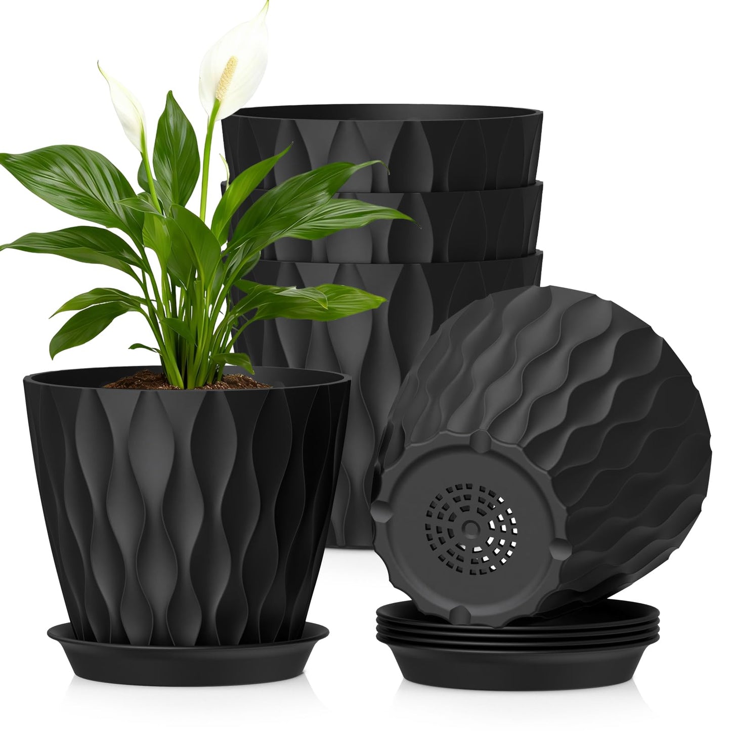 WSMKSZ 20 cm Flower Pots, Set of 5 Thick Plastic Plant Pots with Saucer and Drain Holes, 3D Wave Texture Planter for Monstera, Geranium & Indoor Outdoor Plants, Black