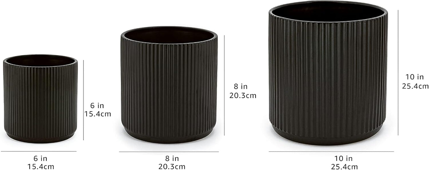 Amazon Basics Set of 3 Black Round Ribbed Ceramic Planters 6", 8" and 10"