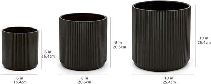Amazon Basics Set of 3 Black Round Ribbed Ceramic Planters 6", 8" and 10"