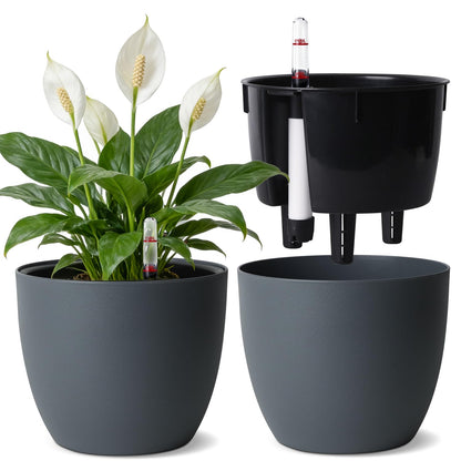 T4U 2Pcs 17,5cm Selbstbewässerungstopf mit Wasseranzeiger, Praktischer Blumentopf für vielbeschäftigte Anfänger und Gärtner, Plant Pot geeignet für Geranien/Minze für den Innen und Außenbereich (Grau)