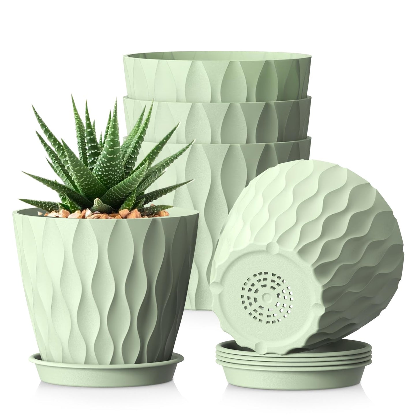WSMKSZ 15 cm Blumentopf, 5er Set Dick Kunststoff Pflanztöpfe mit Untersetzer & Abflusslöchern, 3D-Wellentextur Übertopf für Einblatt, Efeutute & Innen Außen Pflanzen, Blaugrün
