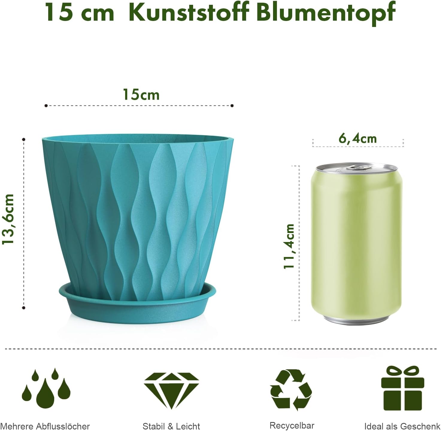 WSMKSZ 15 cm Blumentopf, 5er Set Dick Kunststoff Pflanztöpfe mit Untersetzer & Abflusslöchern, 3D-Wellentextur Übertopf für Einblatt, Efeutute & Innen Außen Pflanzen, Blaugrün