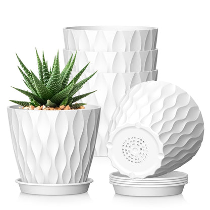 WSMKSZ 15 cm Blumentopf, 5er Set Dick Kunststoff Pflanztöpfe mit Untersetzer & Abflusslöchern, 3D-Wellentextur Übertopf für Einblatt, Efeutute & Innen Außen Pflanzen, Blaugrün