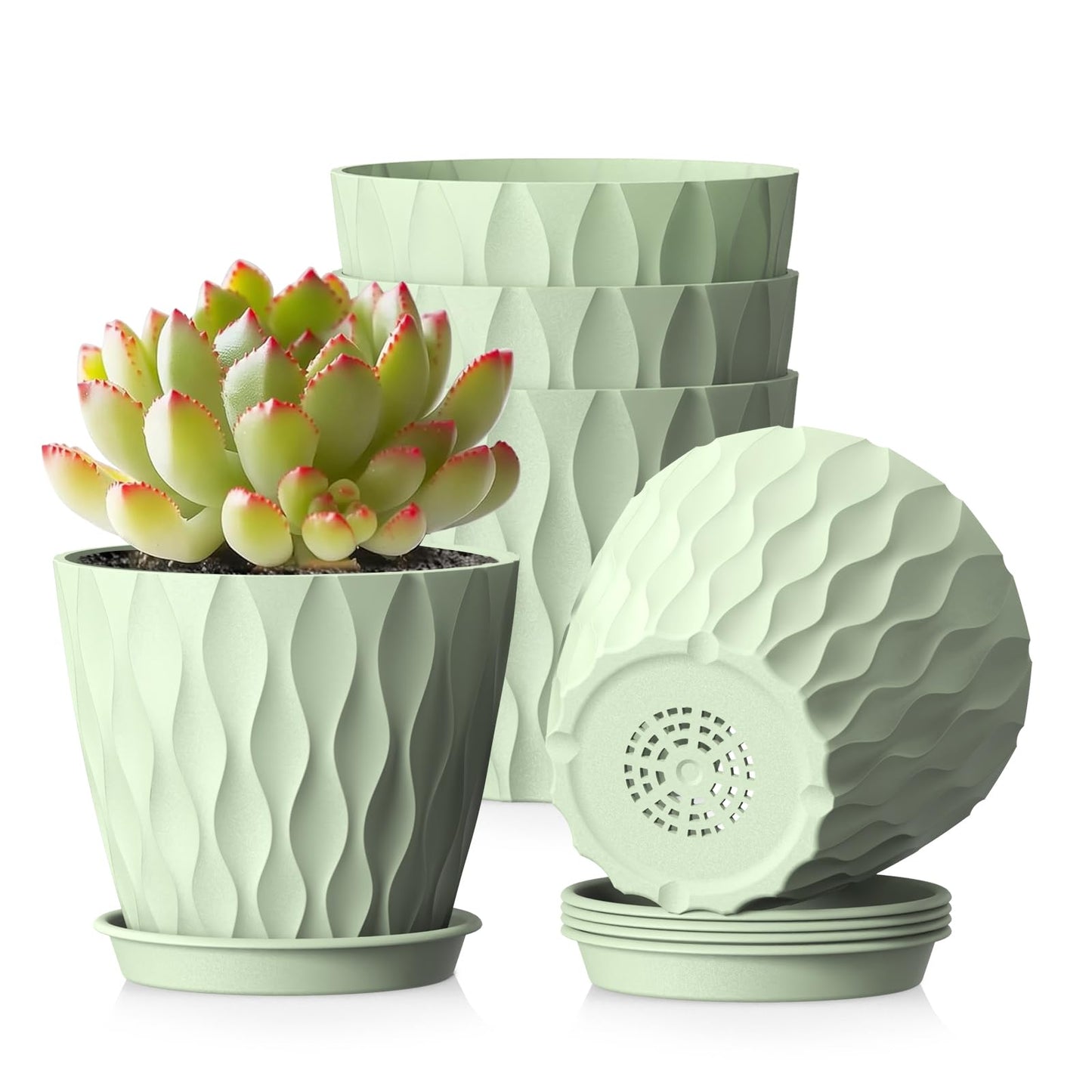 WSMKSZ 15 cm Blumentopf, 5er Set Dick Kunststoff Pflanztöpfe mit Untersetzer & Abflusslöchern, 3D-Wellentextur Übertopf für Einblatt, Efeutute & Innen Außen Pflanzen, Blaugrün