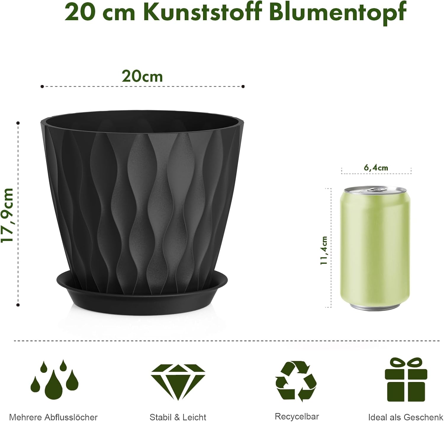 WSMKSZ 20 cm Flower Pots, Set of 5 Thick Plastic Plant Pots with Saucer and Drain Holes, 3D Wave Texture Planter for Monstera, Geranium & Indoor Outdoor Plants, Black