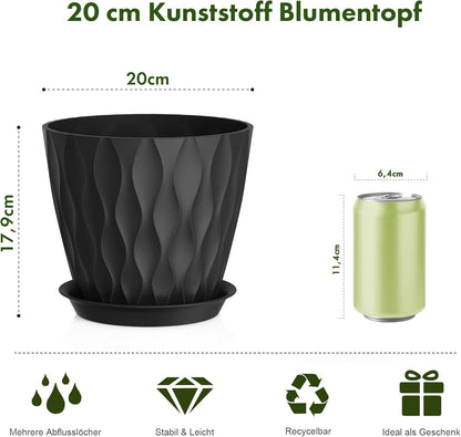 WSMKSZ 20 cm Flower Pots, Set of 5 Thick Plastic Plant Pots with Saucer and Drain Holes, 3D Wave Texture Planter for Monstera, Geranium & Indoor Outdoor Plants, Black