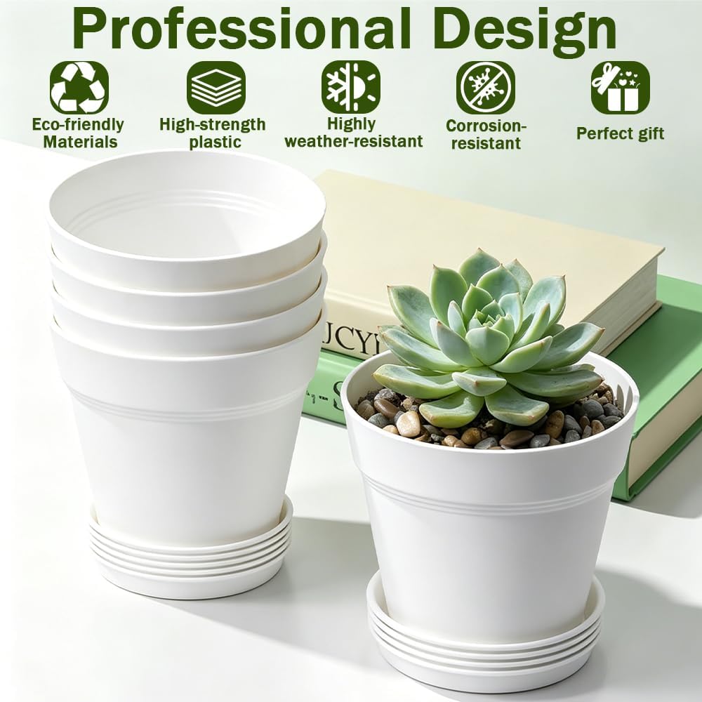 15,2 cm Blumentopf mit Untersetzer, 6er Pack Kunststoff Pflanztöpfe Rund mit Abflusslöchern, Matt-Design für Innen und Außen, Ideal für Balkon und Garten (Weiß)
