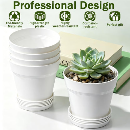 15,2 cm Blumentopf mit Untersetzer, 6er Pack Kunststoff Pflanztöpfe Rund mit Abflusslöchern, Matt-Design für Innen und Außen, Ideal für Balkon und Garten (Weiß)