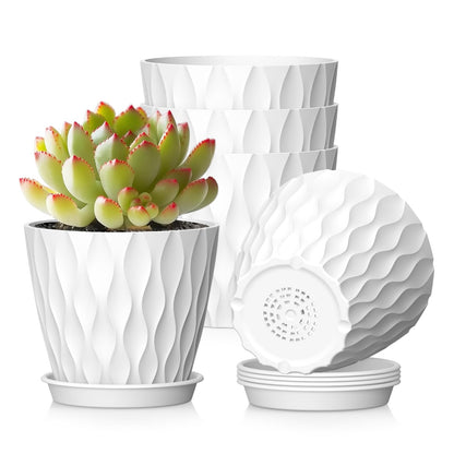 WSMKSZ 15 cm Blumentopf, 5er Set Dick Kunststoff Pflanztöpfe mit Untersetzer & Abflusslöchern, 3D-Wellentextur Übertopf für Einblatt, Efeutute & Innen Außen Pflanzen, Blaugrün