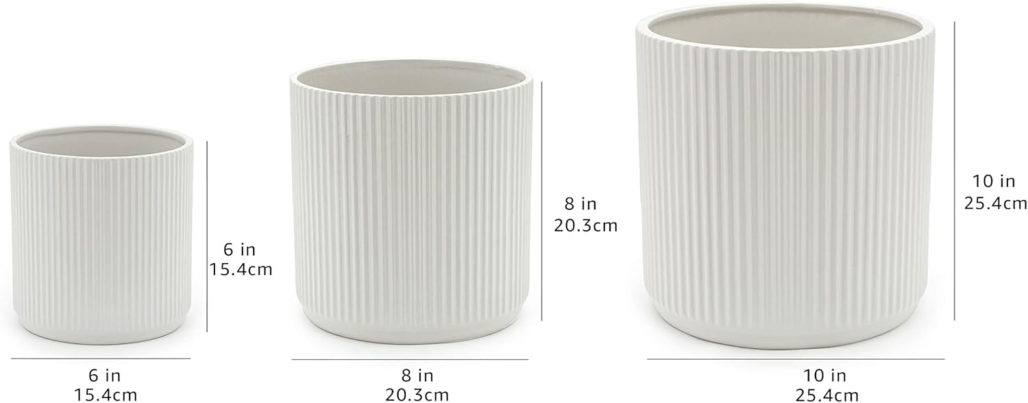 Amazon Basics Set of 3 White Round Fluted Ceramic Planters 6", 8" and 10"