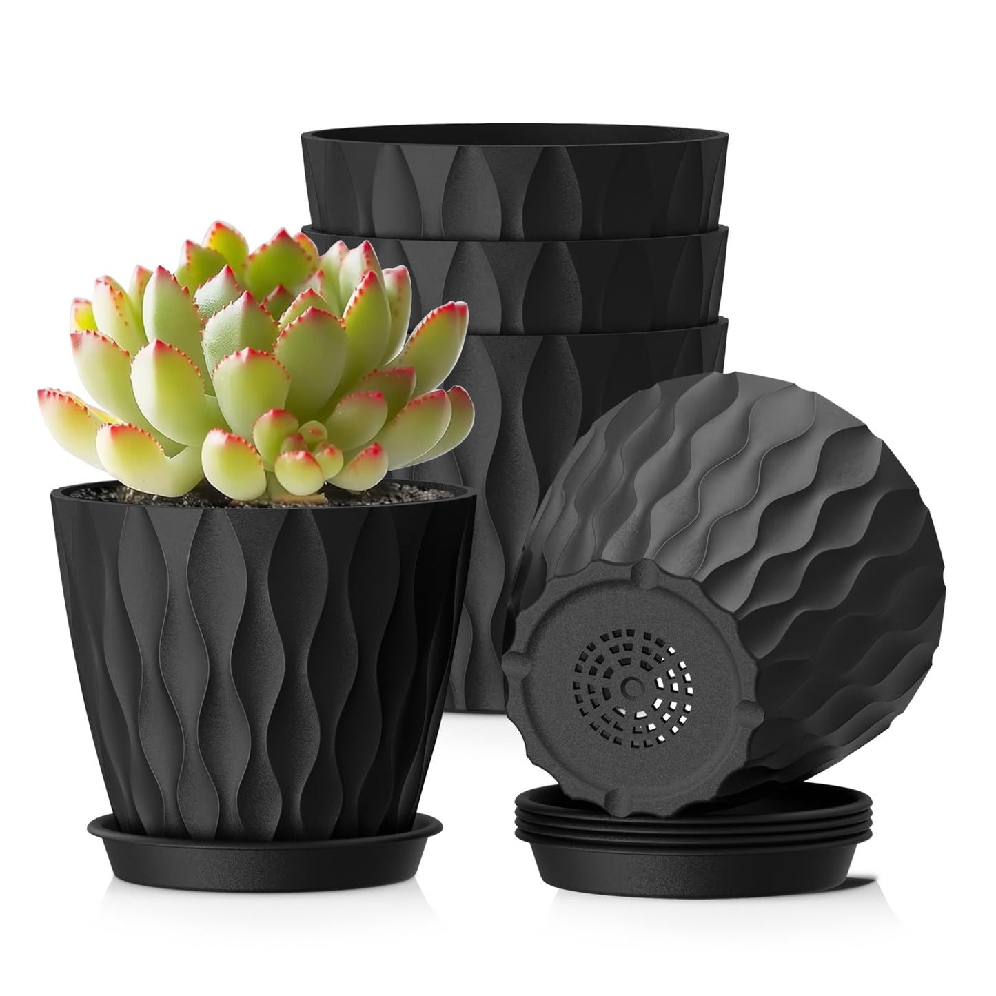 WSMKSZ 15 cm Blumentopf, 5er Set Dick Kunststoff Pflanztöpfe mit Untersetzer & Abflusslöchern, 3D-Wellentextur Übertopf für Einblatt, Efeutute & Innen Außen Pflanzen, Blaugrün