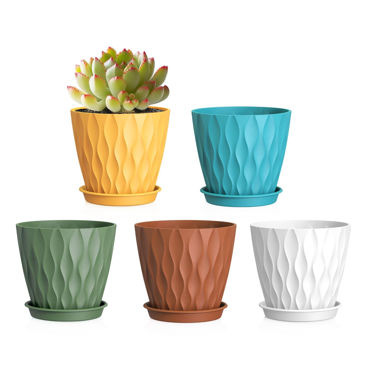 WSMKSZ 15 cm Blumentopf, 5er Set Dick Kunststoff Pflanztöpfe mit Untersetzer & Abflusslöchern, 3D-Wellentextur Übertopf für Einblatt, Efeutute & Innen Außen Pflanzen, Blaugrün