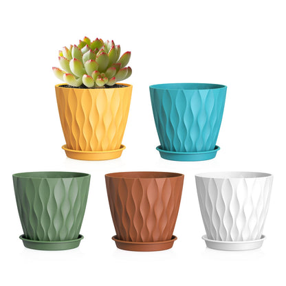 WSMKSZ 15 cm Blumentopf, 5er Set Dick Kunststoff Pflanztöpfe mit Untersetzer & Abflusslöchern, 3D-Wellentextur Übertopf für Einblatt, Efeutute & Innen Außen Pflanzen, Blaugrün