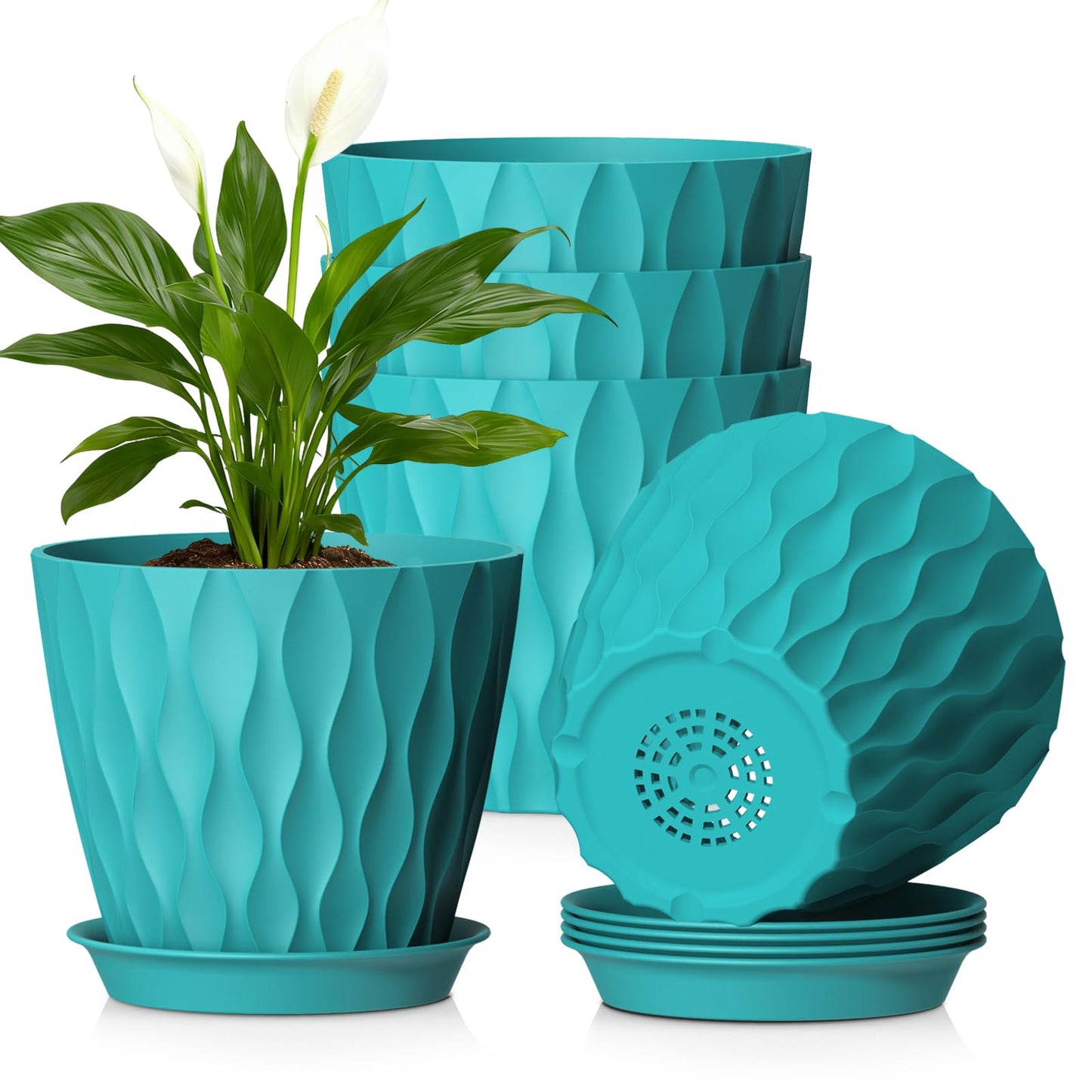 WSMKSZ 20 cm Flower Pots, Set of 5 Thick Plastic Plant Pots with Saucer and Drain Holes, 3D Wave Texture Planter for Monstera, Geranium & Indoor Outdoor Plants, Black
