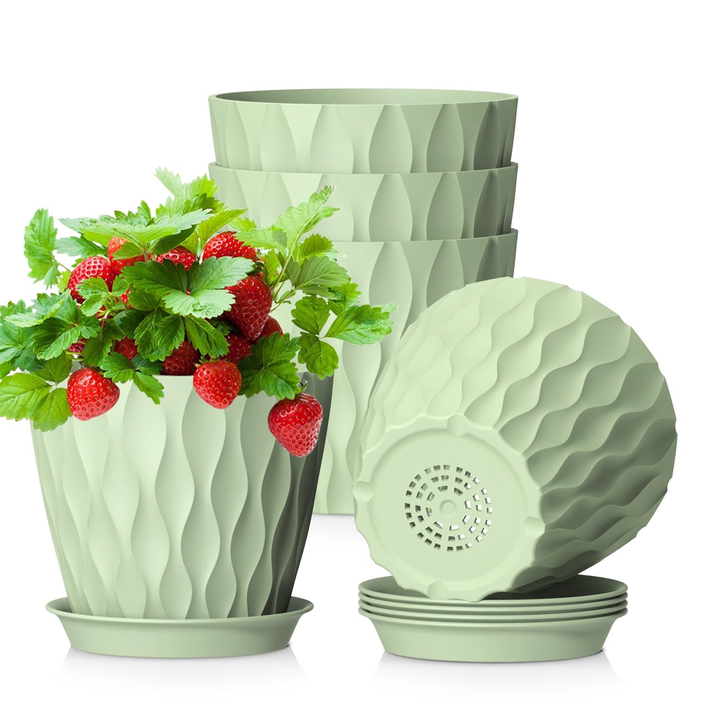 WSMKSZ 20 cm Flower Pots, Set of 5 Thick Plastic Plant Pots with Saucer and Drain Holes, 3D Wave Texture Planter for Monstera, Geranium & Indoor Outdoor Plants, Black