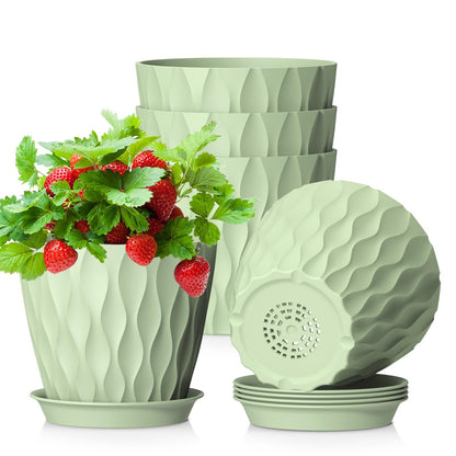 WSMKSZ 20 cm Flower Pots, Set of 5 Thick Plastic Plant Pots with Saucer and Drain Holes, 3D Wave Texture Planter for Monstera, Geranium & Indoor Outdoor Plants, Black