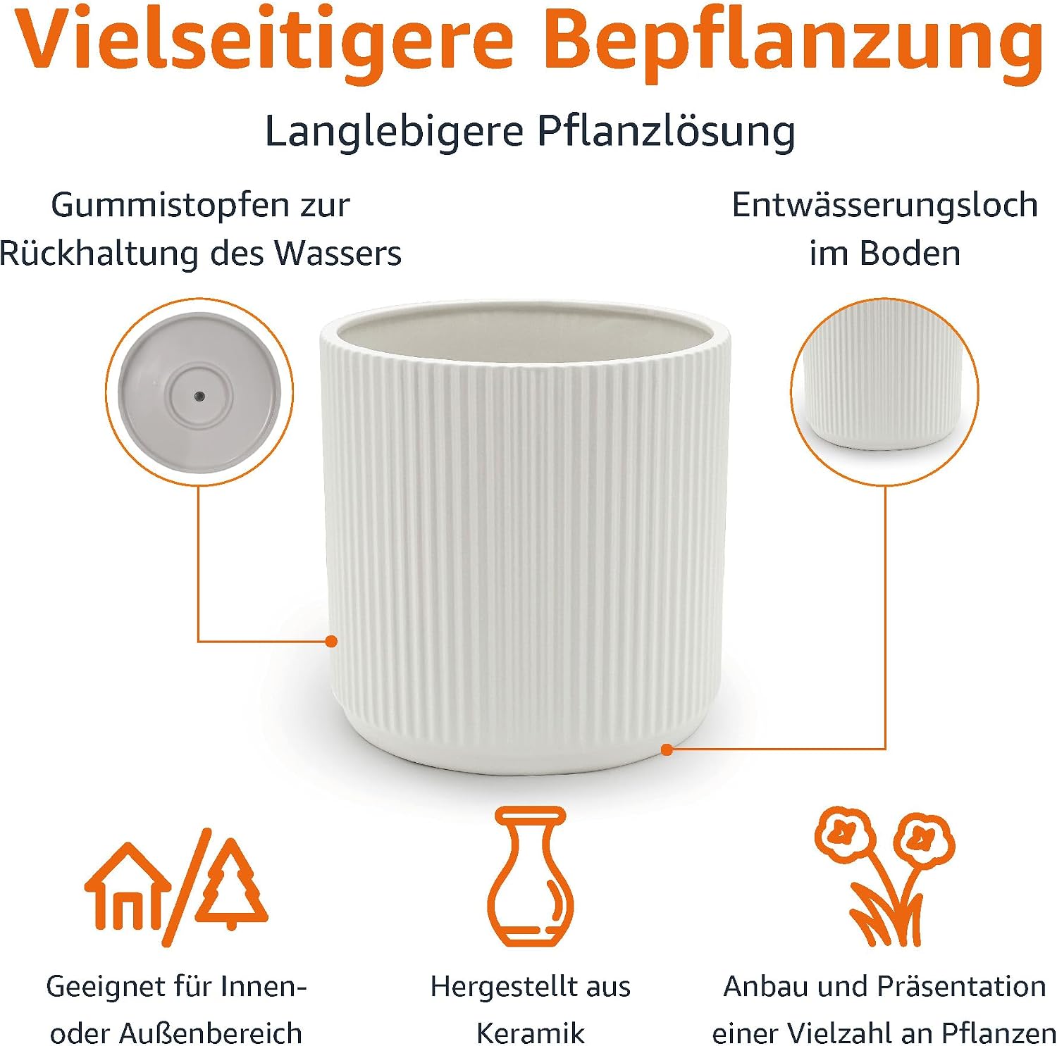 Amazon Basics 8" Round Ribbed Ceramic Planter - White