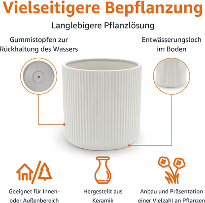 Amazon Basics 8" Round Ribbed Ceramic Planter - White