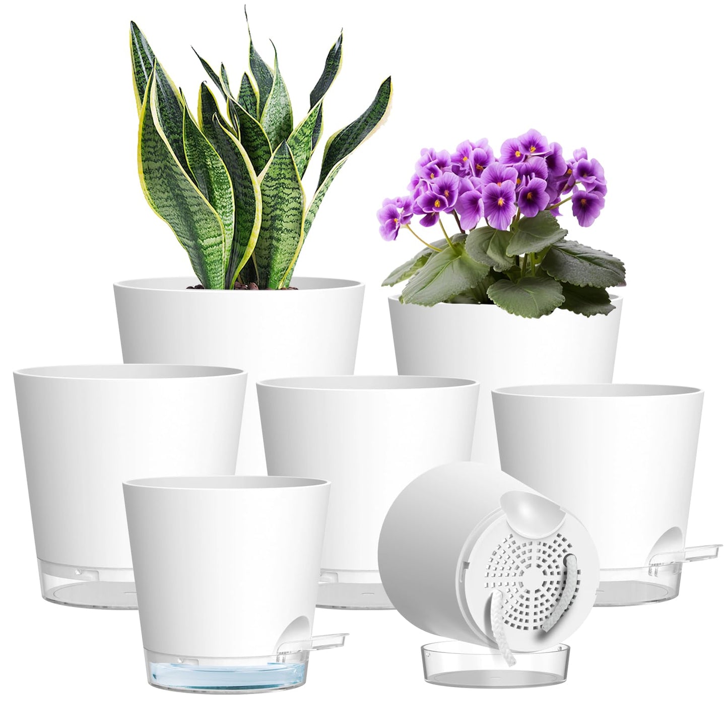 WSMKSZ 7er Set Selbstbewässerungstopf, 20/17,6/16,3/15/13,8/12,5/10,2 cm Kunststoff Blumentöpfe mit Abflusslöchern und Transparentem Wasserreservoir, Sichtbarer Wasserstand, Schwarz