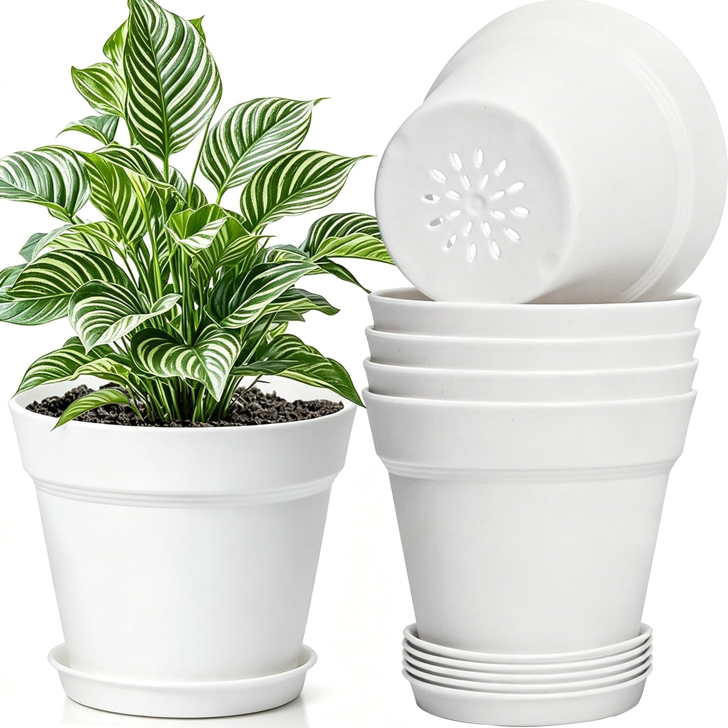 15,2 cm Blumentopf mit Untersetzer, 6er Pack Kunststoff Pflanztöpfe Rund mit Abflusslöchern, Matt-Design für Innen und Außen, Ideal für Balkon und Garten (Weiß)