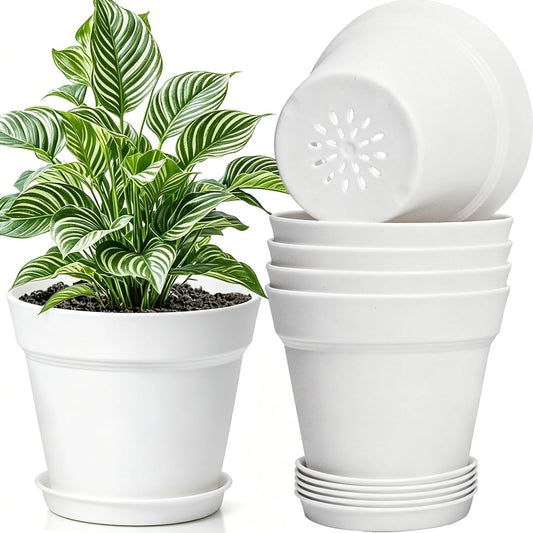 15,2 cm Blumentopf mit Untersetzer, 6er Pack Kunststoff Pflanztöpfe Rund mit Abflusslöchern, Matt-Design für Innen und Außen, Ideal für Balkon und Garten (Weiß)