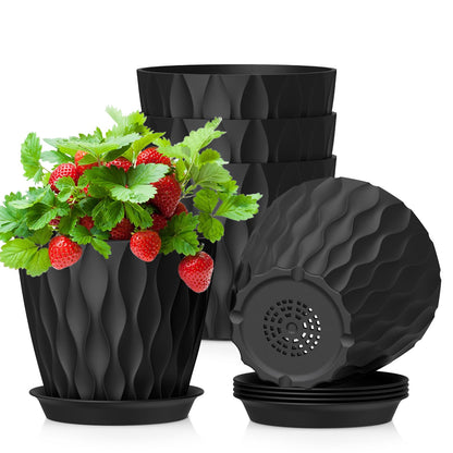 WSMKSZ 20 cm Flower Pots, Set of 5 Thick Plastic Plant Pots with Saucer and Drain Holes, 3D Wave Texture Planter for Monstera, Geranium & Indoor Outdoor Plants, Black