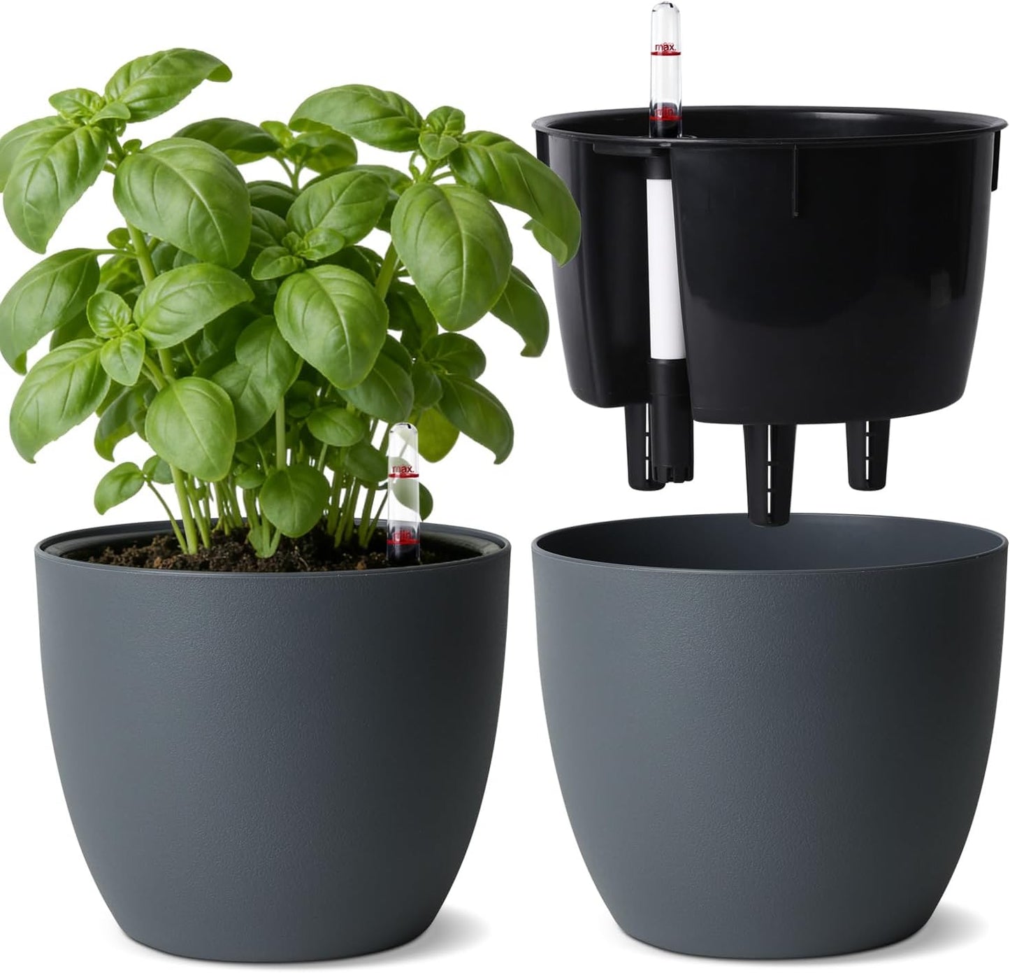 T4U 2Pcs 17,5cm Selbstbewässerungstopf mit Wasseranzeiger, Praktischer Blumentopf für vielbeschäftigte Anfänger und Gärtner, Plant Pot geeignet für Geranien/Minze für den Innen und Außenbereich (Grau)