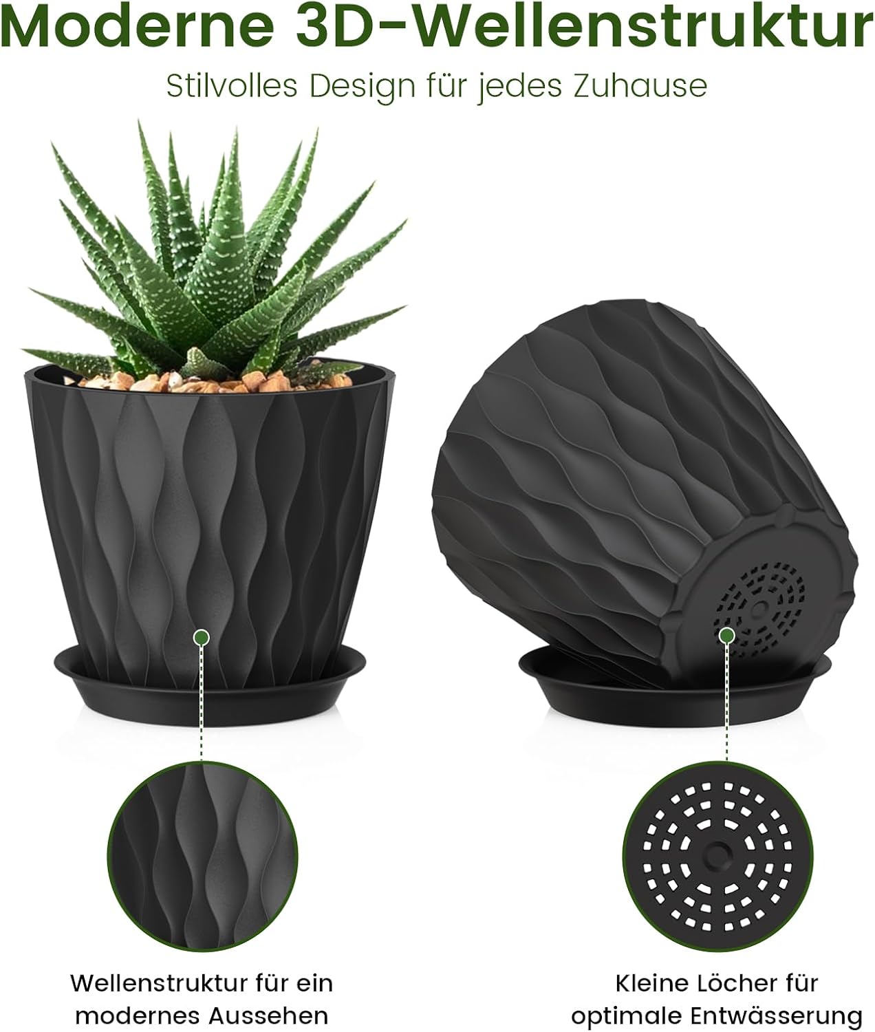 WSMKSZ 20 cm Flower Pots, Set of 5 Thick Plastic Plant Pots with Saucer and Drain Holes, 3D Wave Texture Planter for Monstera, Geranium & Indoor Outdoor Plants, Black